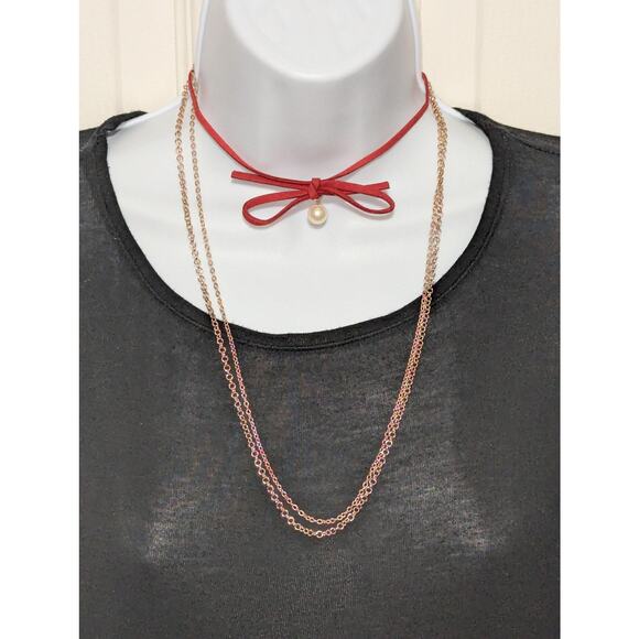 Carisma Choker Necklace Set Red Bow Pearl Bead Gold Tone Layered Chains Gift - Picture 7 of 7